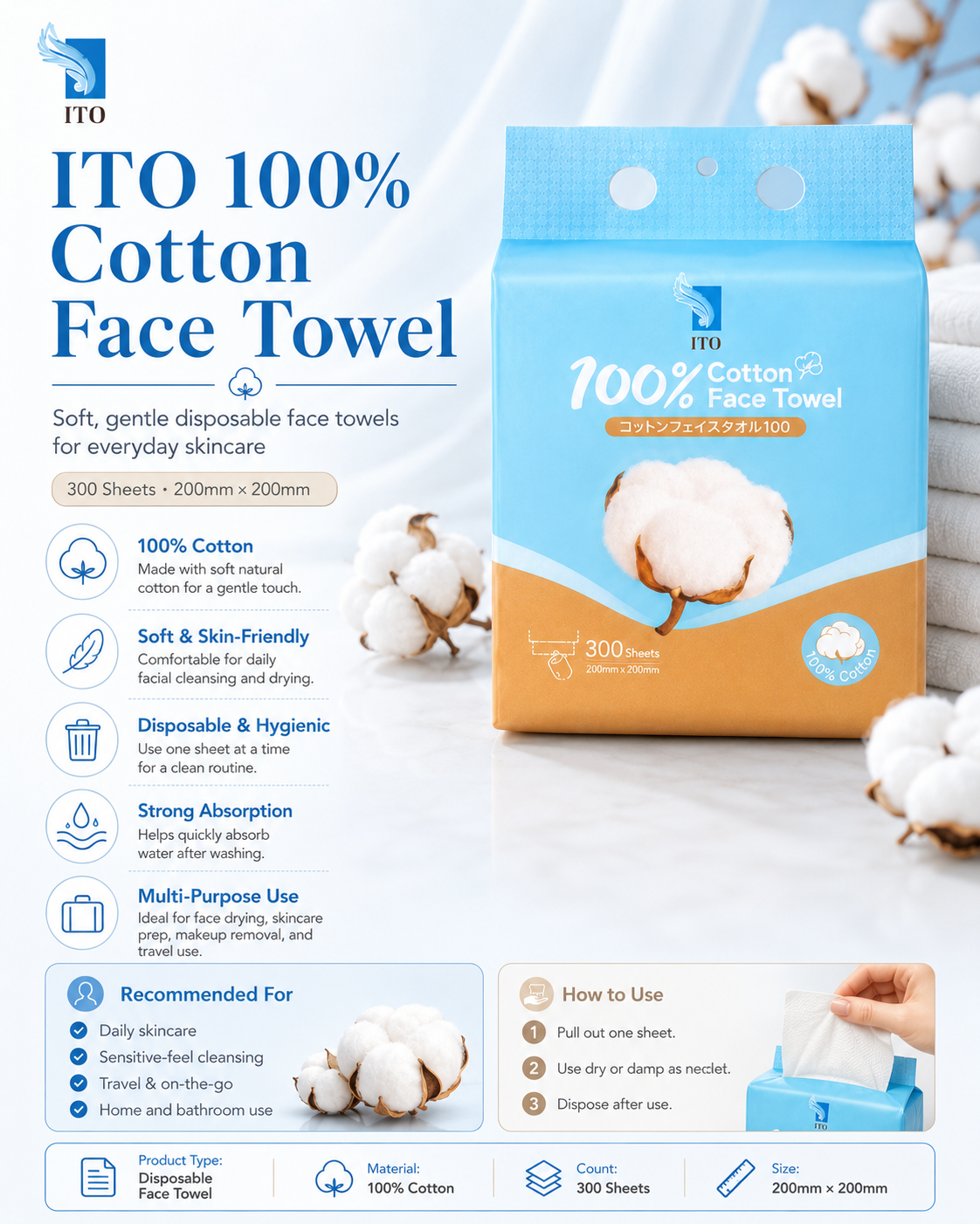 ITO 100% Cotton Disposable Face Towels – 300 Sheets