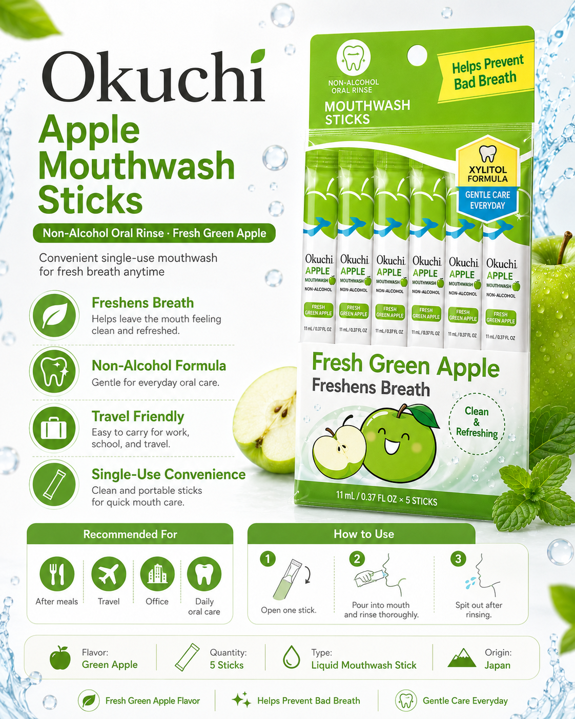 Okuchi Apple Mouthwash Sticks – Non-Alcohol Oral Rinse,11ml 5 Pack