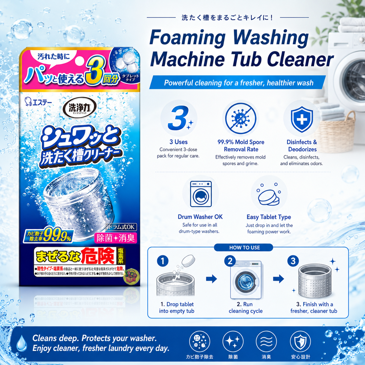 The Senjoryoku Fizzy Washing Machine Tub Cleaner by S.T Corporation – 64g × 3 Tablets