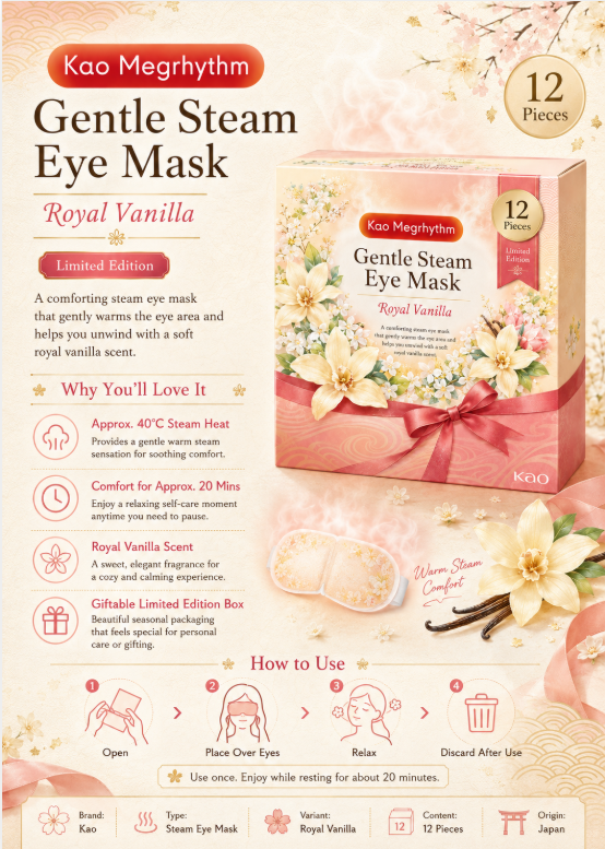 Kao MegRhythm Steam Hot Eye Mask Royal Vanilla Scent 12 Sheets