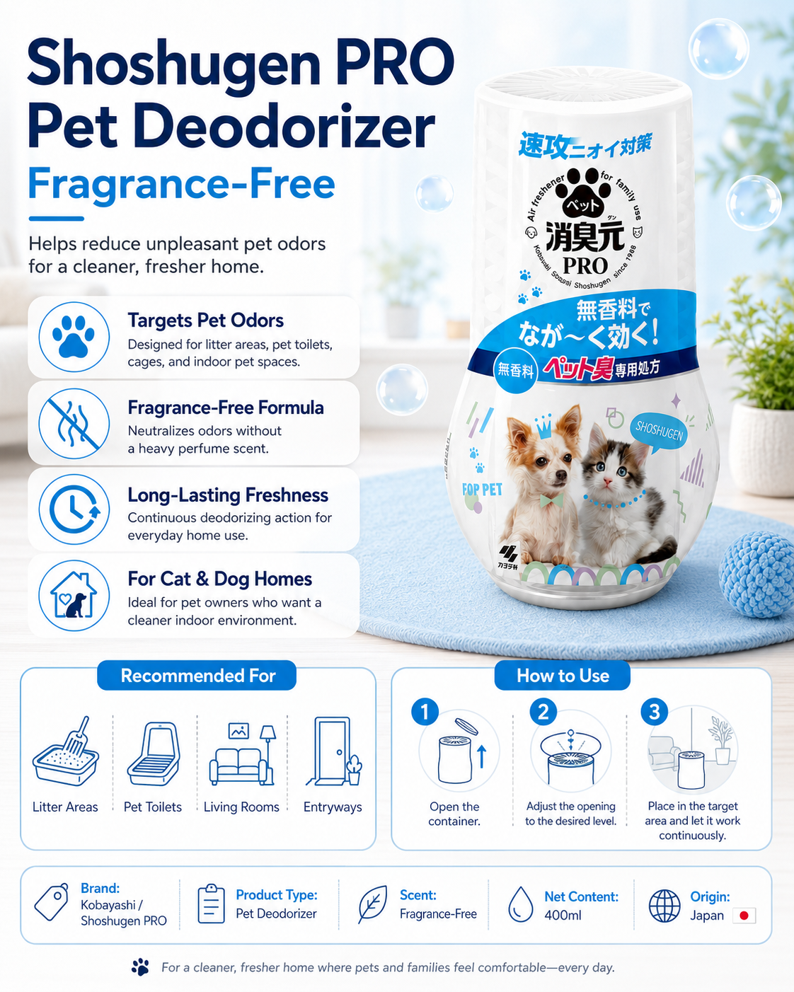 KOBAYASHI Shoshugen PRO Pet Deodoriser Unscented 400ml