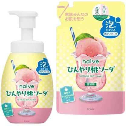 Kracie Naïve “Cool Peach Soda” Foaming Body Soap (Pump + Refill Set)