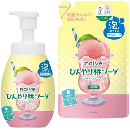 Kracie Naïve “Cool Peach Soda” Foaming Body Soap (Pump + Refill Set)