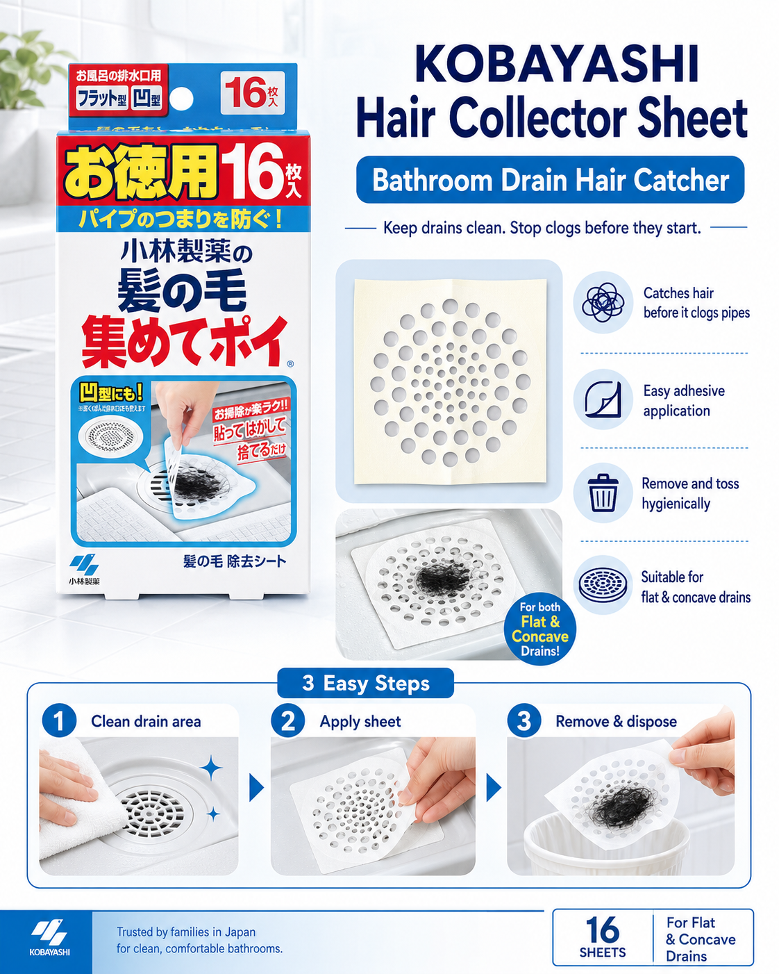 KOBAYASHI Hair Catcher Drain Stickers 16pcs