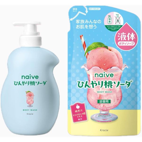 Kracie Naïve “Cool Peach Soda” Foaming Body Soap (Pump Bottle & Refill Pack)