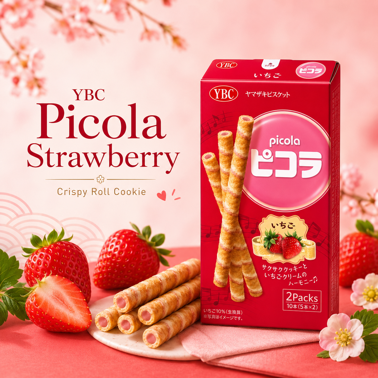 Yamazaki Biscuit YBC Picola Strawberry Roll Cookies – 10 Sticks