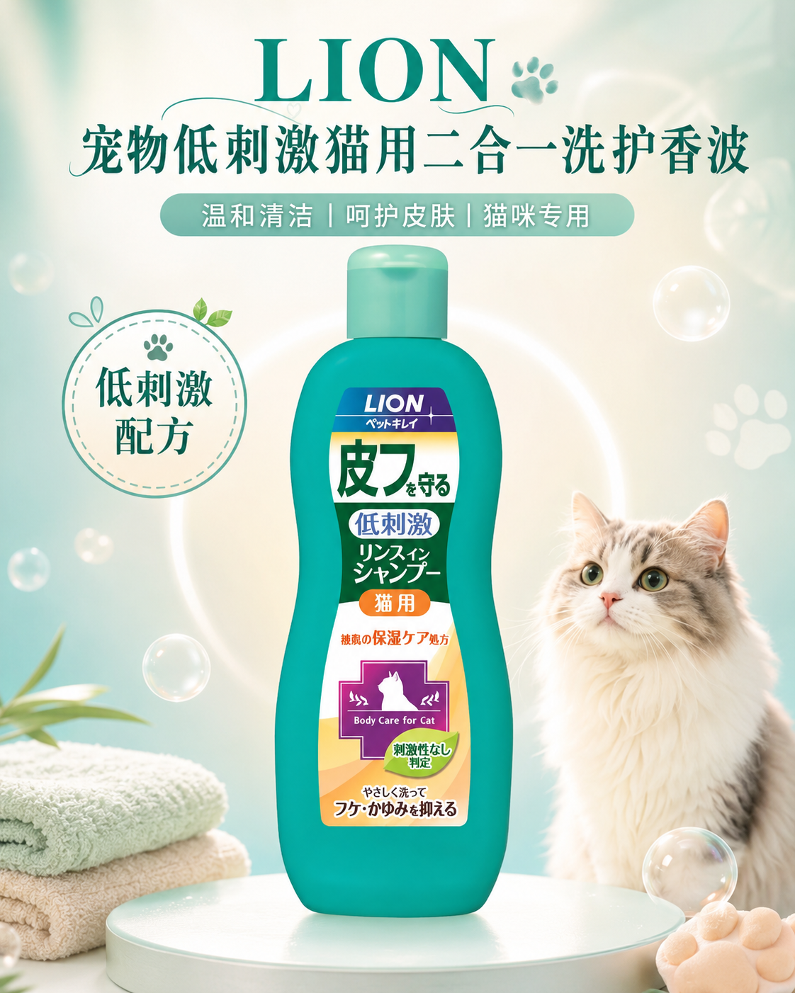 LION Pet Kirei Cat Skin Protecting Rinse-In Shampoo 330ml