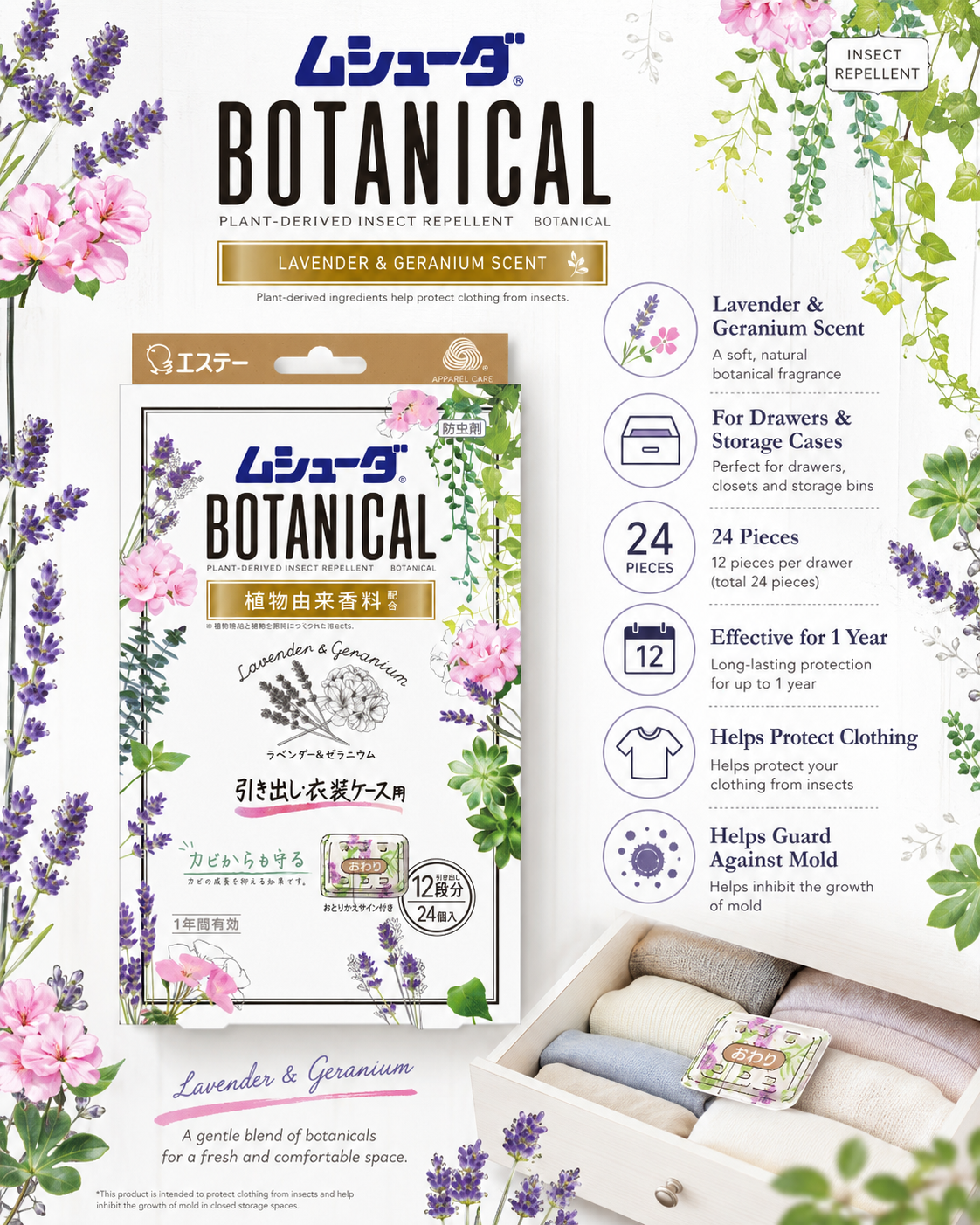 ST Mushuda Botanical Clothing Insect Repellent for Drawers & Storage Cases – Lavender & Geranium Scent 24 Pieces