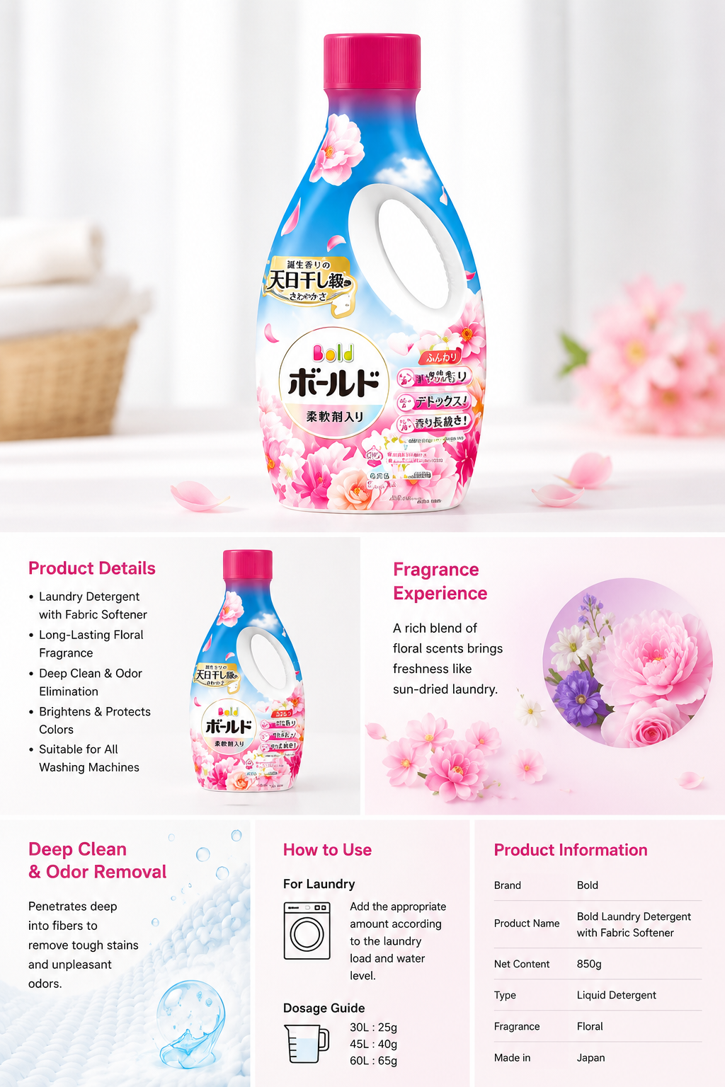 P&G Bold 3-in-1 Laundry Detergent with Fabric Softener Blossom Floral Scent 680g