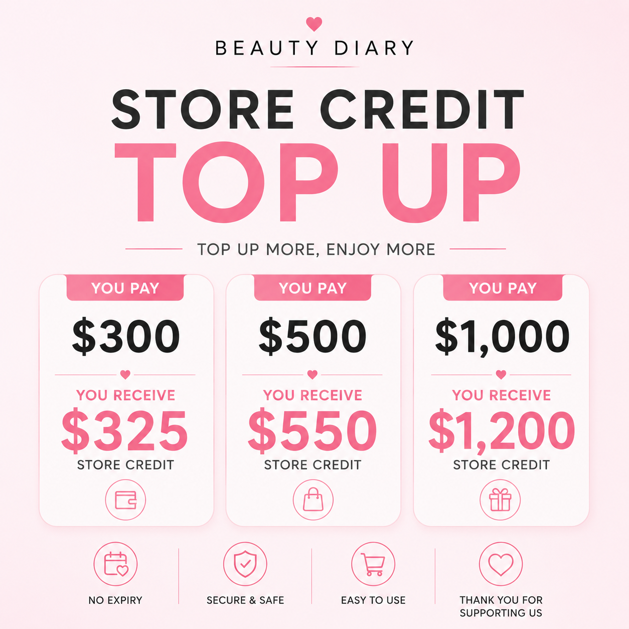 Beauty Diary Store Credit Top Up – Get Bonus Credit