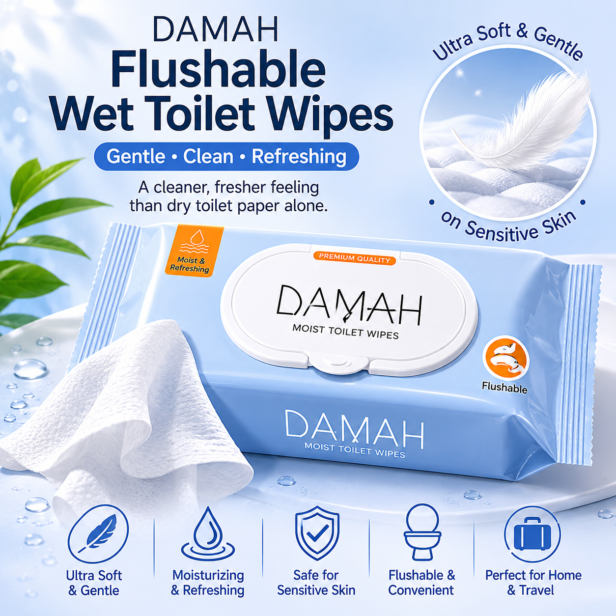 DAMAH Moist Toilet Tissue Wet Wipes Soft, Gentle & Flushable Cleansing Wipes