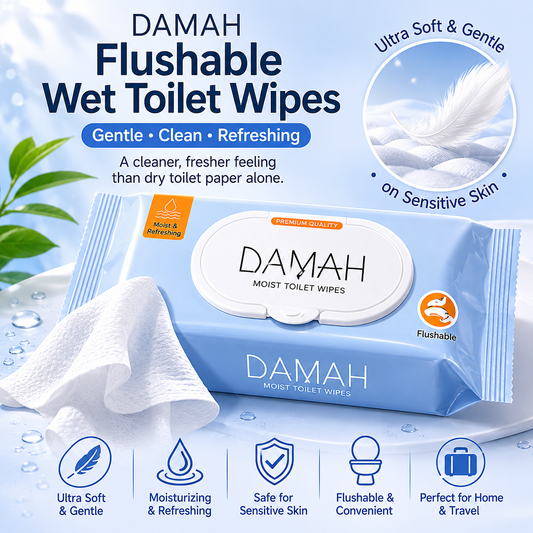 DAMAH Moist Toilet Tissue Wet Wipes – Soft, Gentle & Flushable Cleansing Wipes