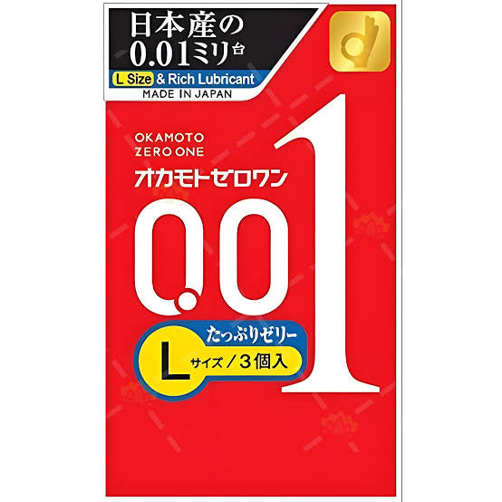 Okamoto Zero Zero One Large Size Rich Lubricant Condoms 0.01mm 3 pieces（冈本001安全套 L码 润滑版）