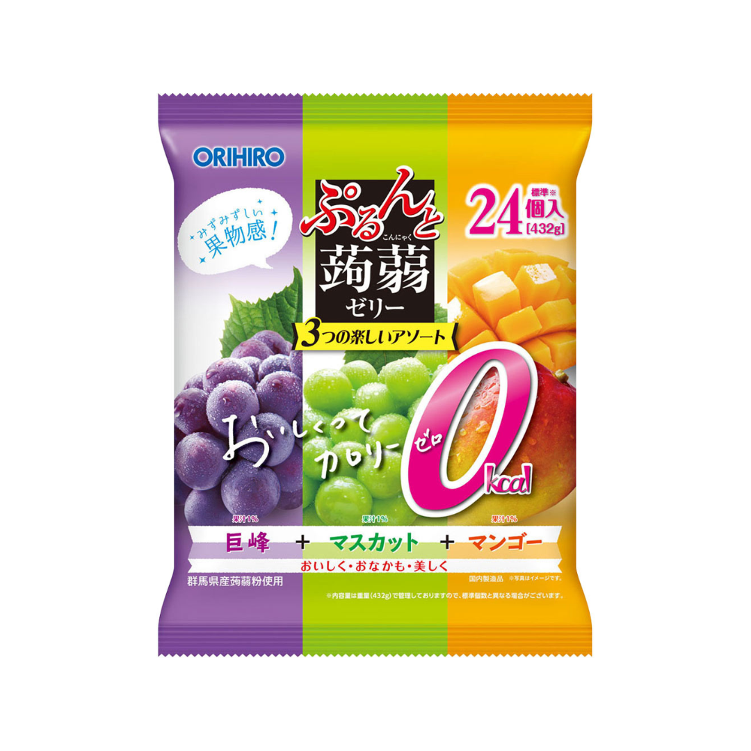 ORIHIRO Purunto Konjac Jelly Pouch Zero Calorie Assortment Kyoho Grape, Muscat & Mango 432G / 24 Pieces