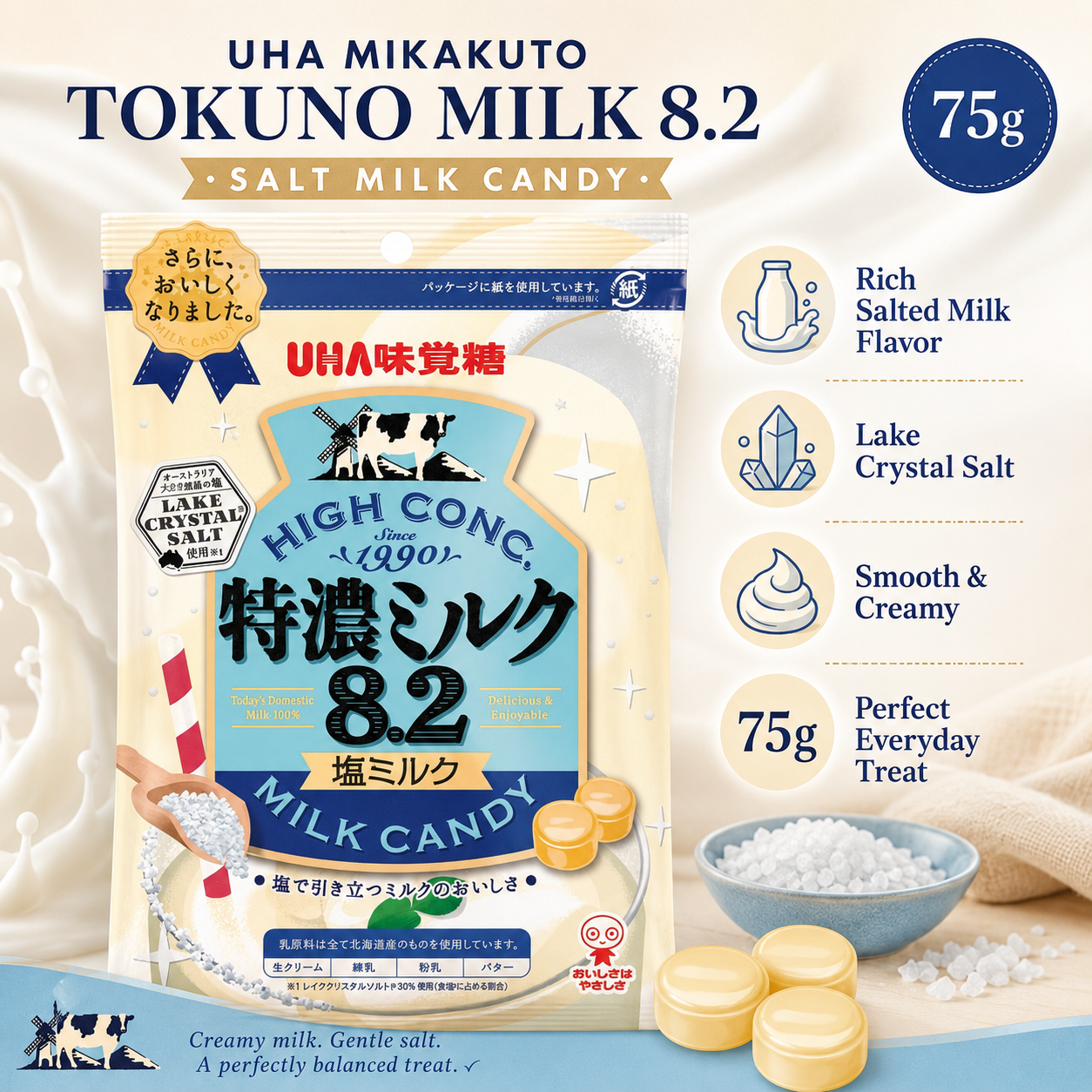 UHA Mikakuto Tokuno Milk 8.2 Salted Milk Candy 75g