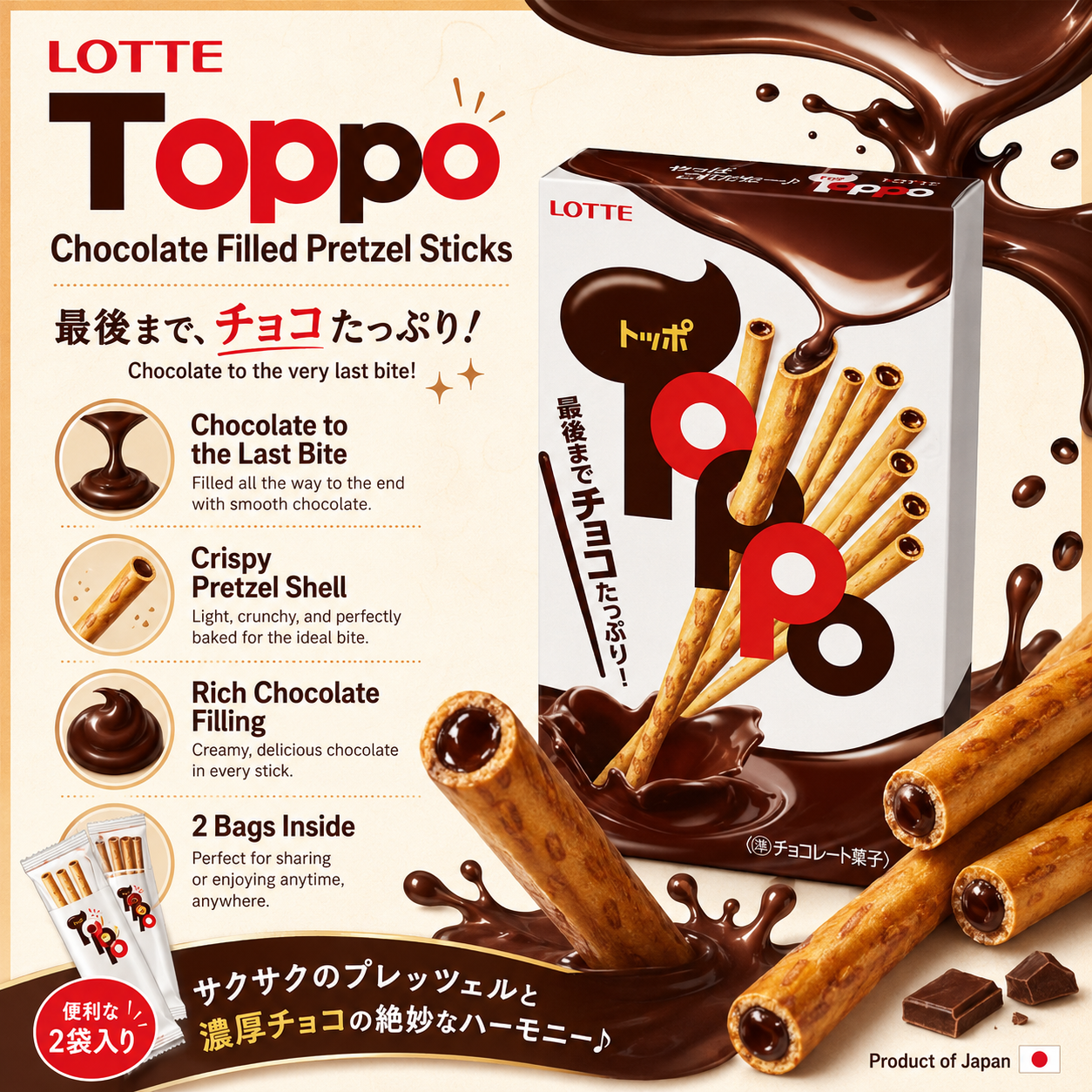 Lotte Toppo Chocolate Filled Biscuit Sticks 72g