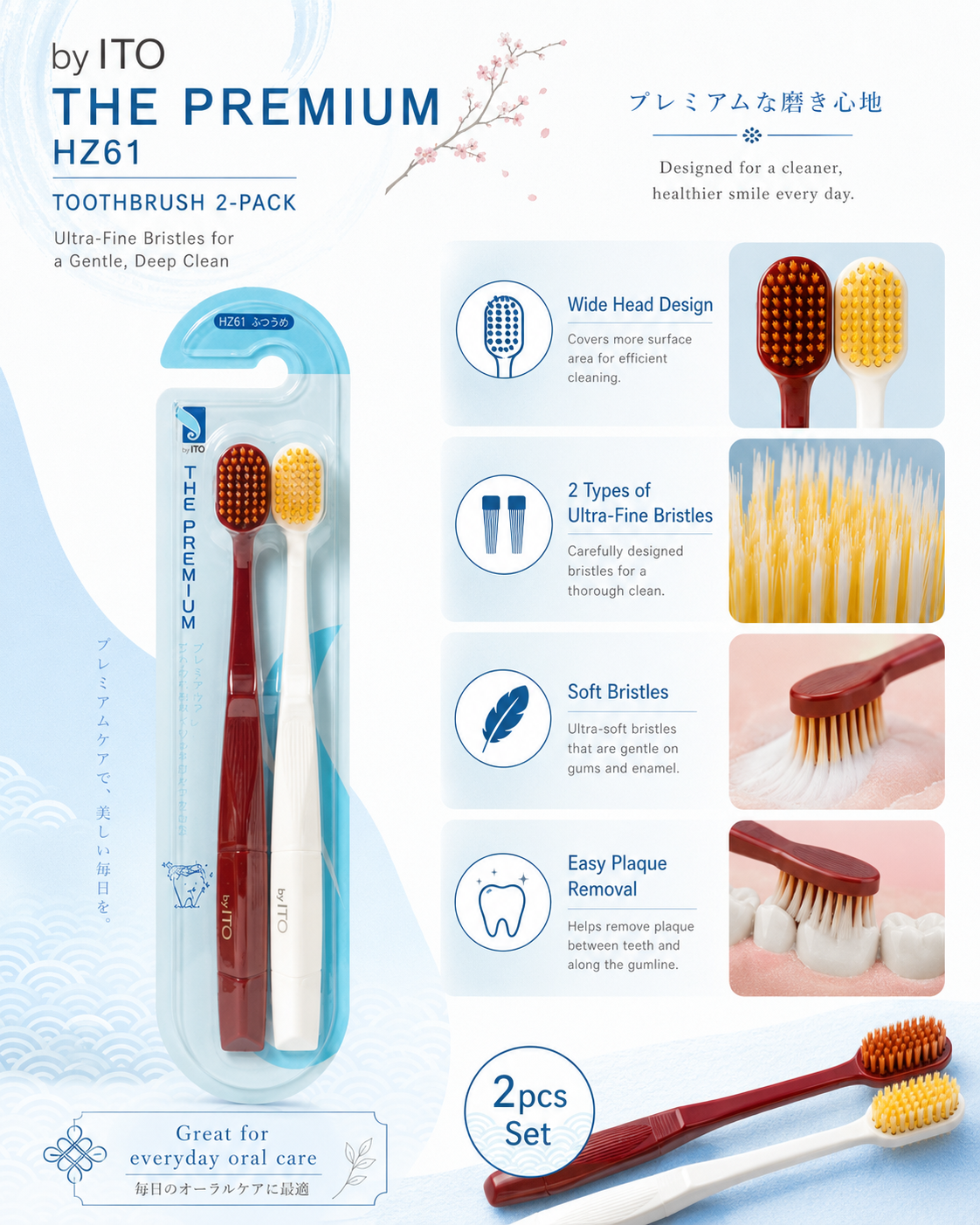 The THE PREMIUM HZ61 Wide Head Soft Bristle Toothbrush by byITO – 2 Pack