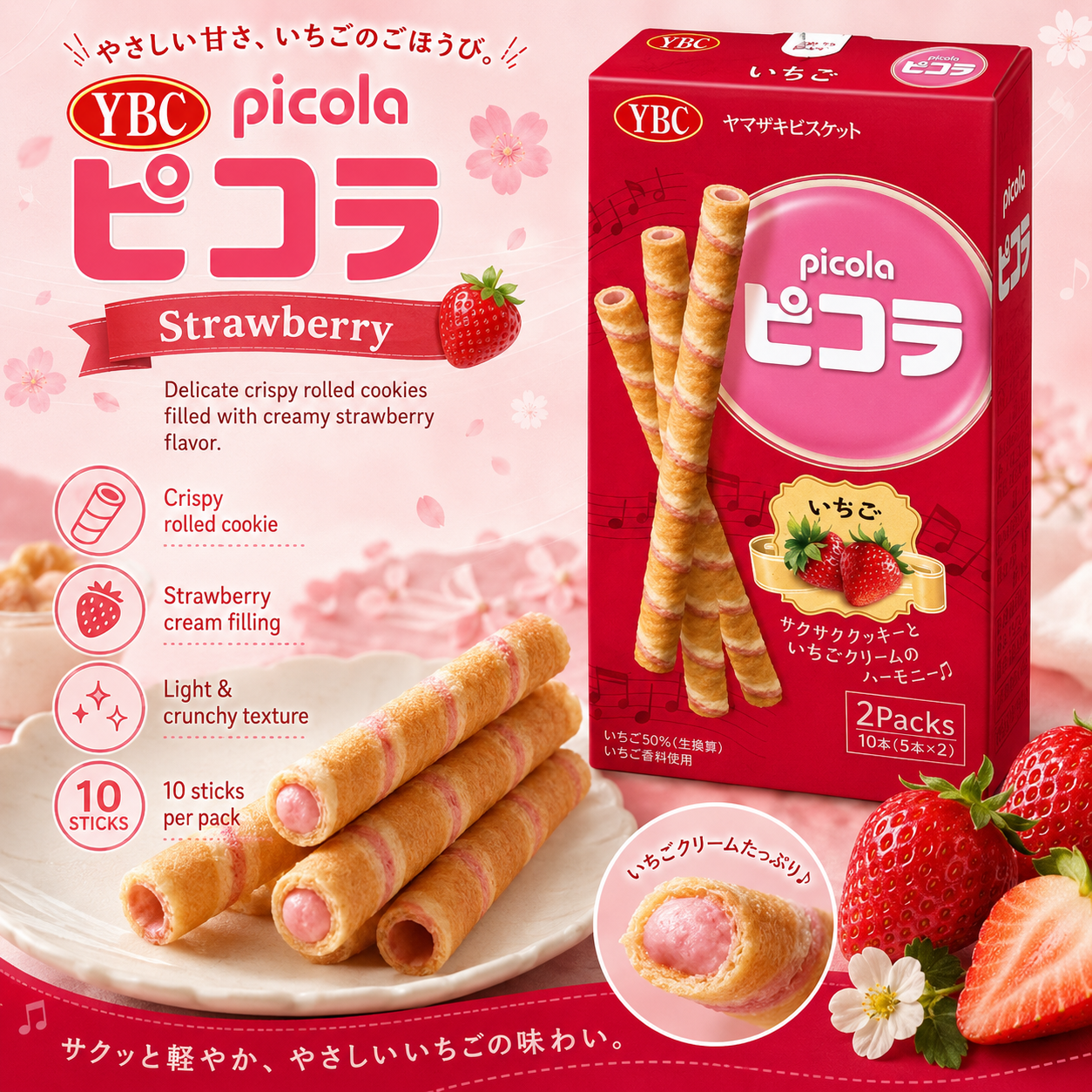 Yamazaki Biscuit YBC Picola Strawberry Roll Cookies – 10 Sticks