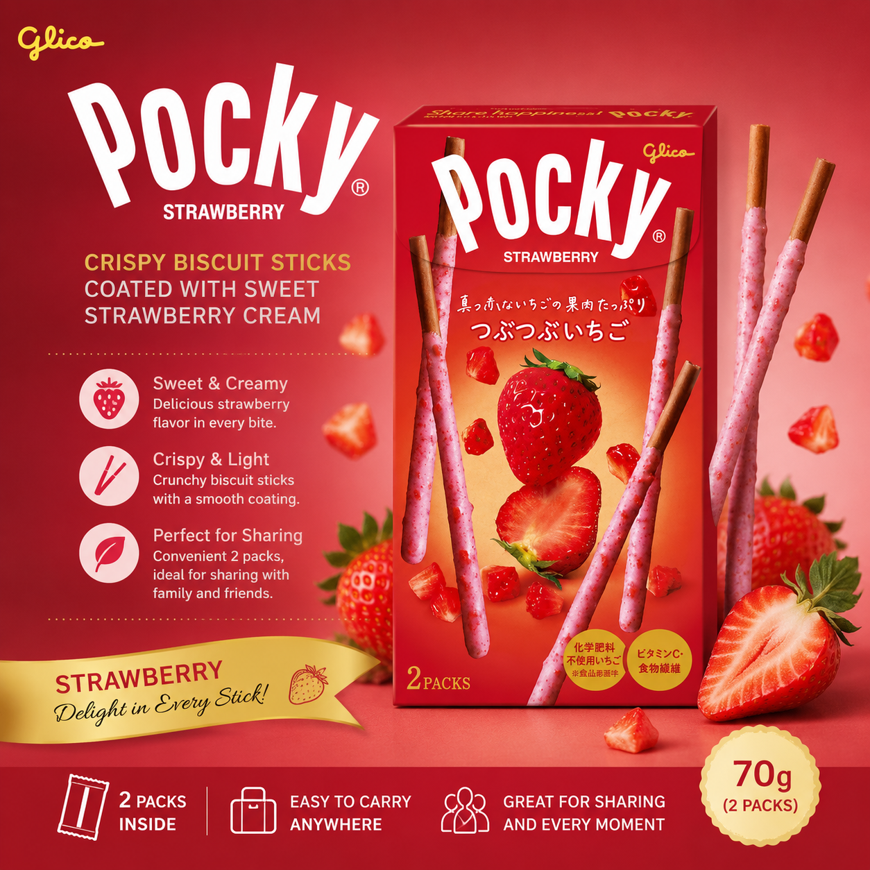 Glico Pocky Strawberry Biscuit Sticks 2 Packs 70g