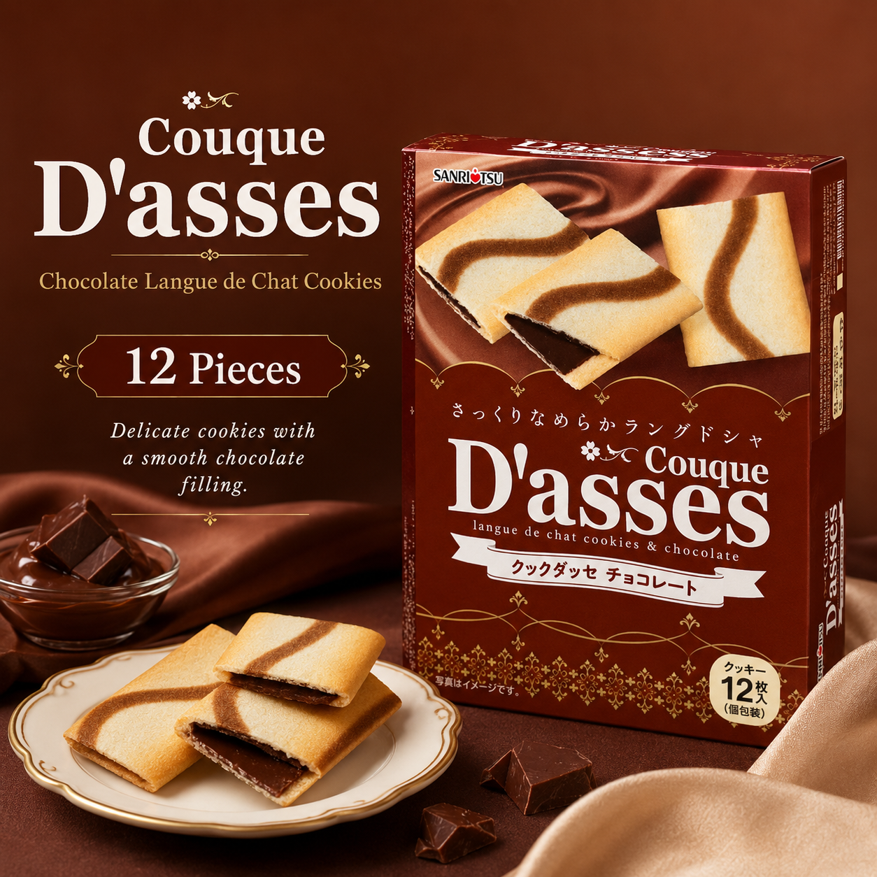 Sanritsu Couque D'asses Chocolate Langue de Chat Cookies 12 Pieces  中文品名